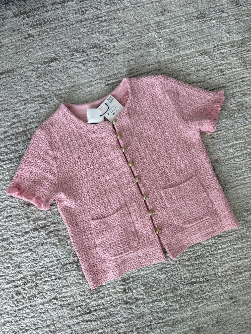 Pink Textured Short-Sleeve Cardigan